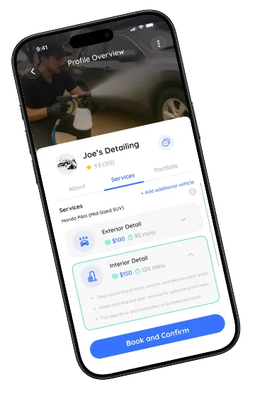 Mobile screen showing Joe’s Detailing profile with services for Exterior Detail at $100 for 90 mins and Interior Detail at $150 for 120 mins, and a blue 'Book and Confirm' button.