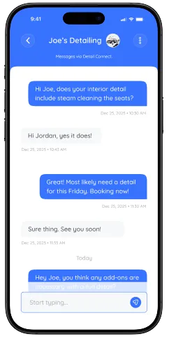 Smartphone screen showing a chat conversation in a car detailing app named Joe's Detailing, discussing interior steam cleaning and booking a detail appointment.
