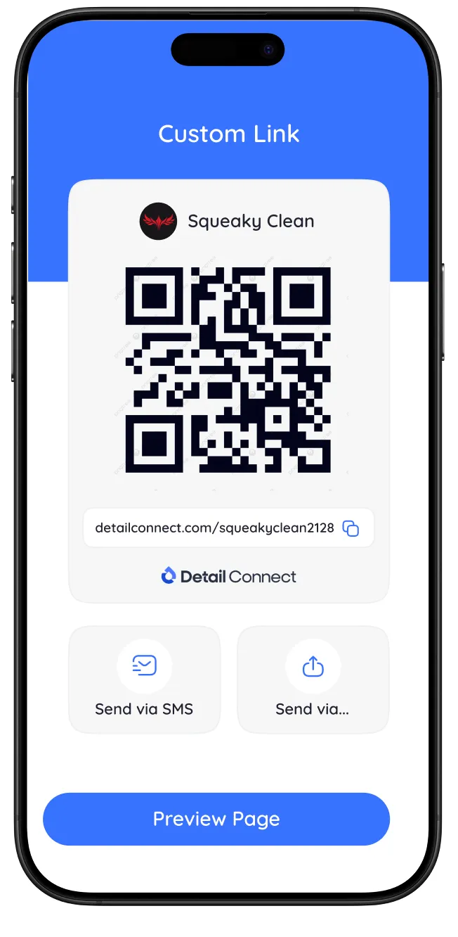 Smartphone screen displaying a custom link QR code for 'Squeaky Clean' with the URL detailconnect.com/squeakyclean2128 and buttons to send via SMS, share, and preview the page.
