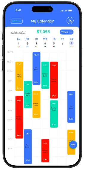 Mobile calendar app showing weekly view from October 1 to 7 with color-coded detailing and coating appointments, and total earnings $7,055.