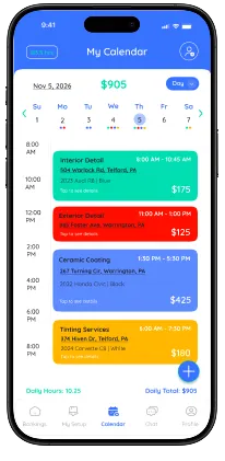 Mobile calendar app showing scheduled services with times, locations, and prices listed in colored cards for November 5, 2026, totaling $905.