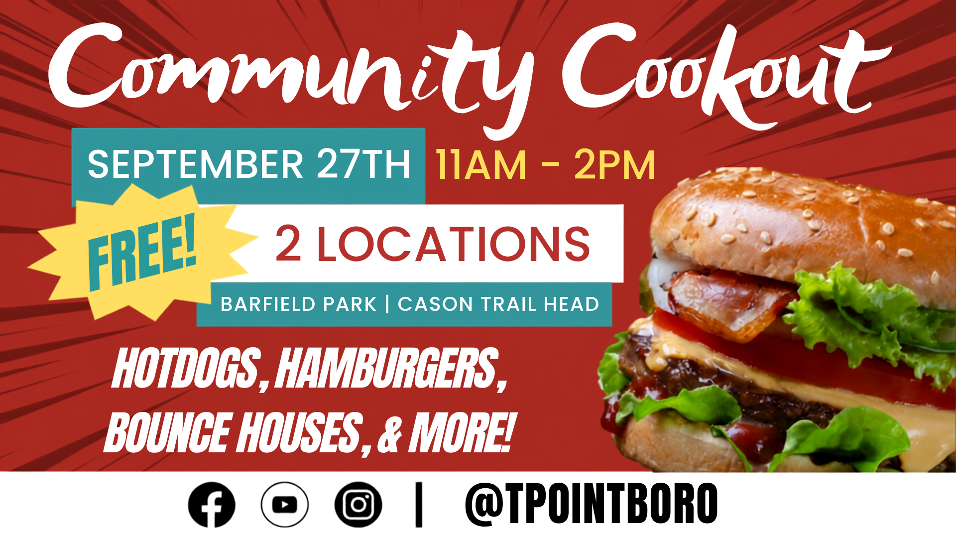 Community Cookout, September 27th, 11am–2pm, Barfield Park and Cason Trail Head