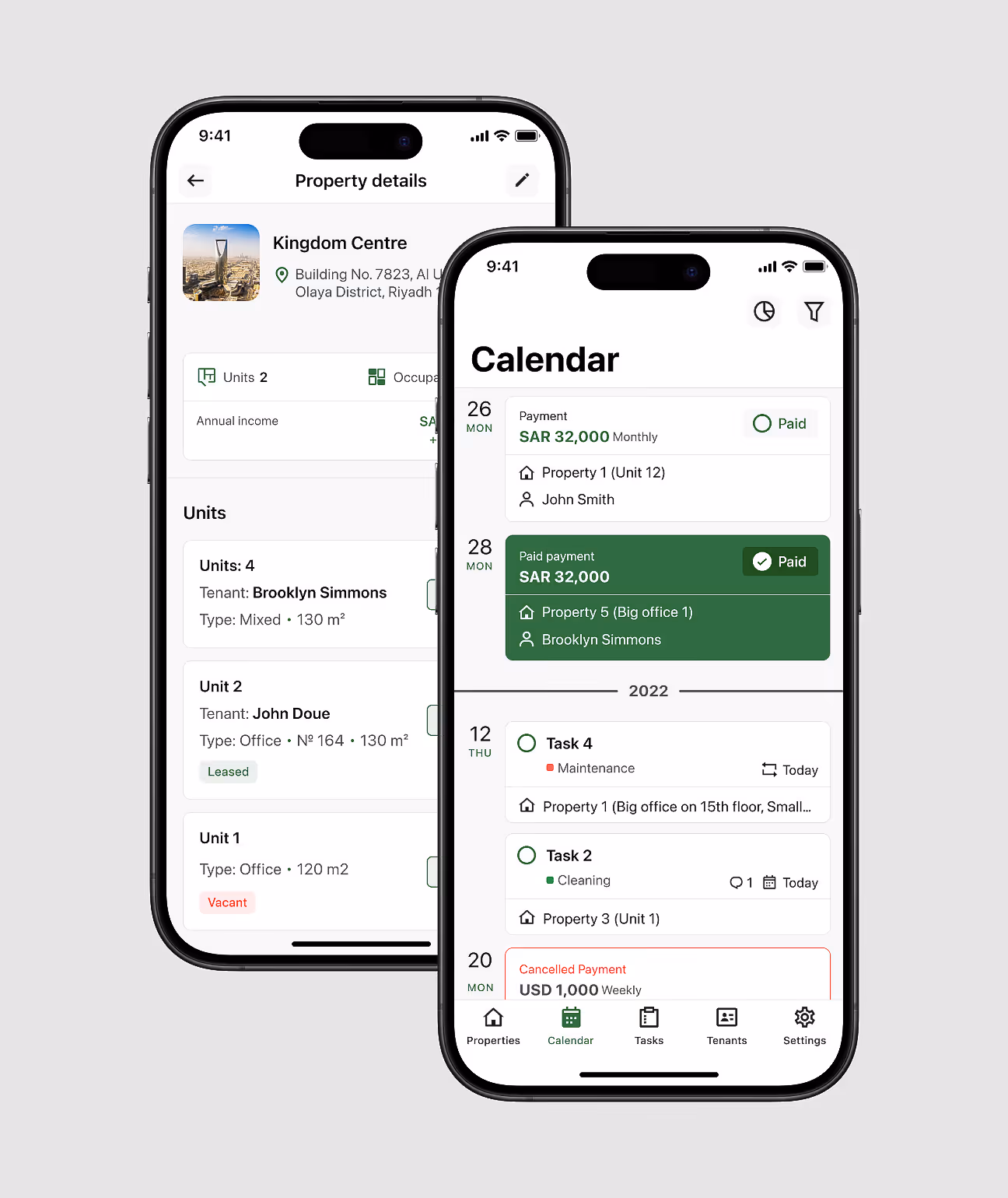 Two screens with "Property details" and "Calendar".