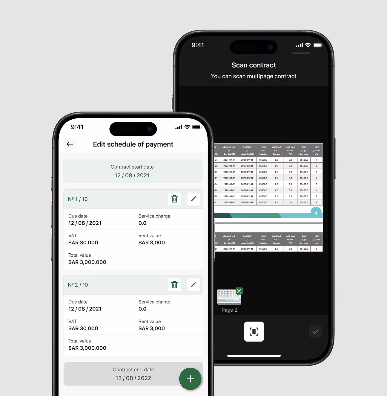Two screens with "Schedule of payment" and "Scan document".