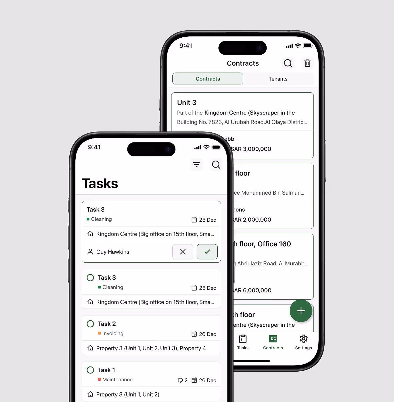Two screens with "Task list" and "Contracts list"