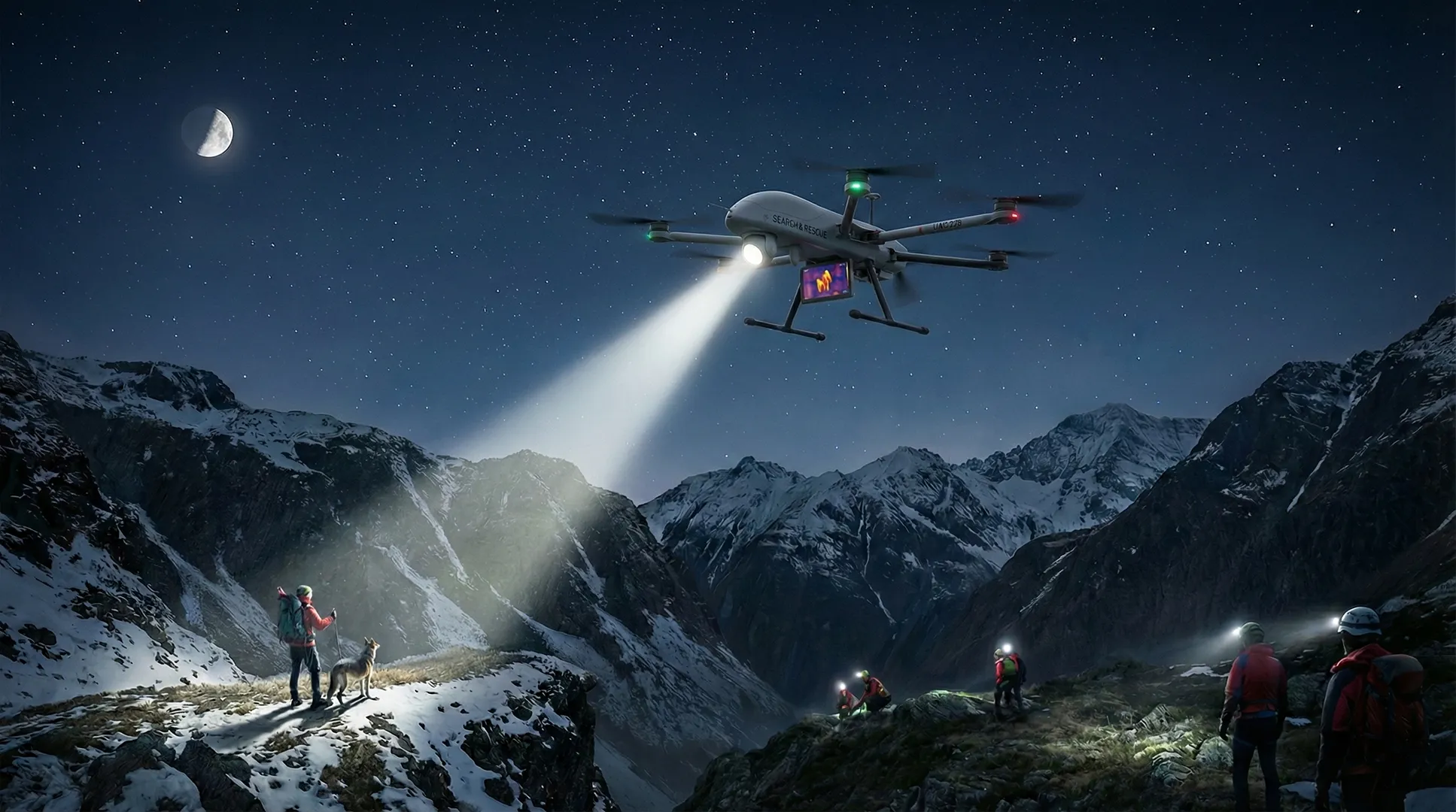 15-25公斤級大型無人機執行夜間山區搜救任務。圖片說明G1高級證照價值：解鎖夜間飛行、視距外長距離作業及排除120公尺高度限制（破高），適用於專業搜救與高空巡檢。