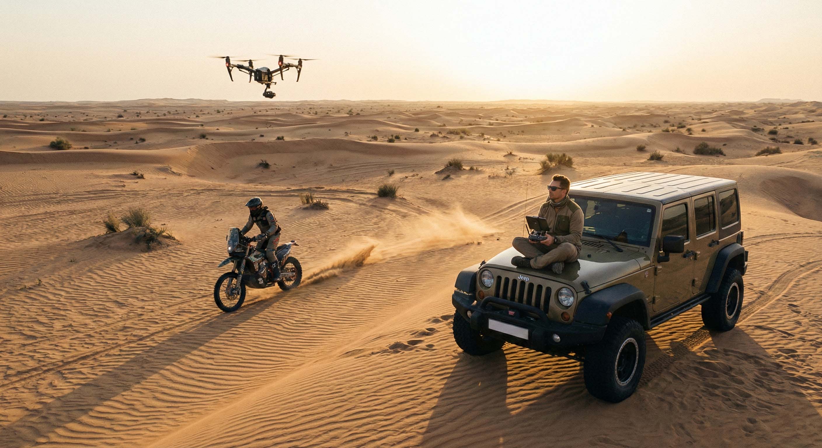 示範空拍Pull out運鏡的方式，使用後拉技巧穩定追蹤越野重機奔馳在沙漠中的樣子