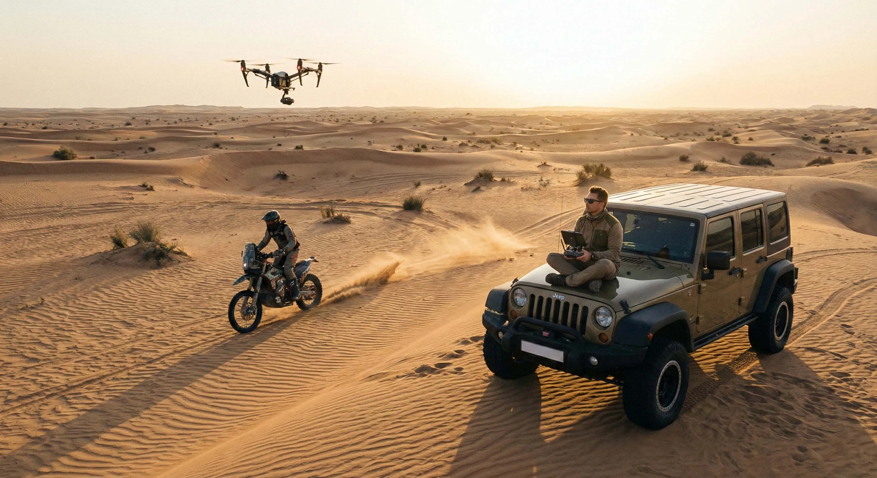 示範空拍Pull out運鏡的方式，使用後拉技巧穩定追蹤越野重機奔馳在沙漠中的樣子