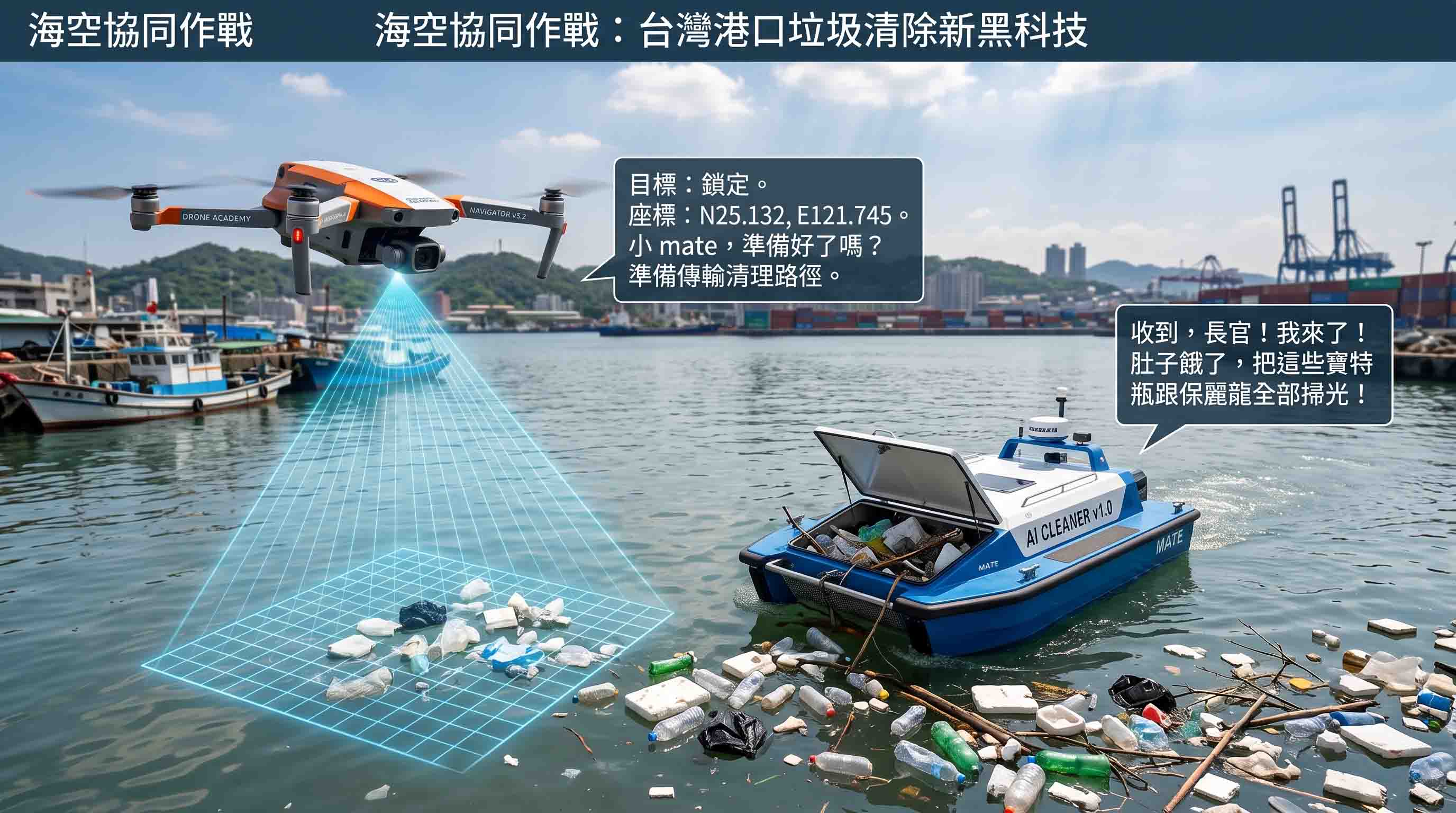 無人機協同無人船進行海上垃圾清運