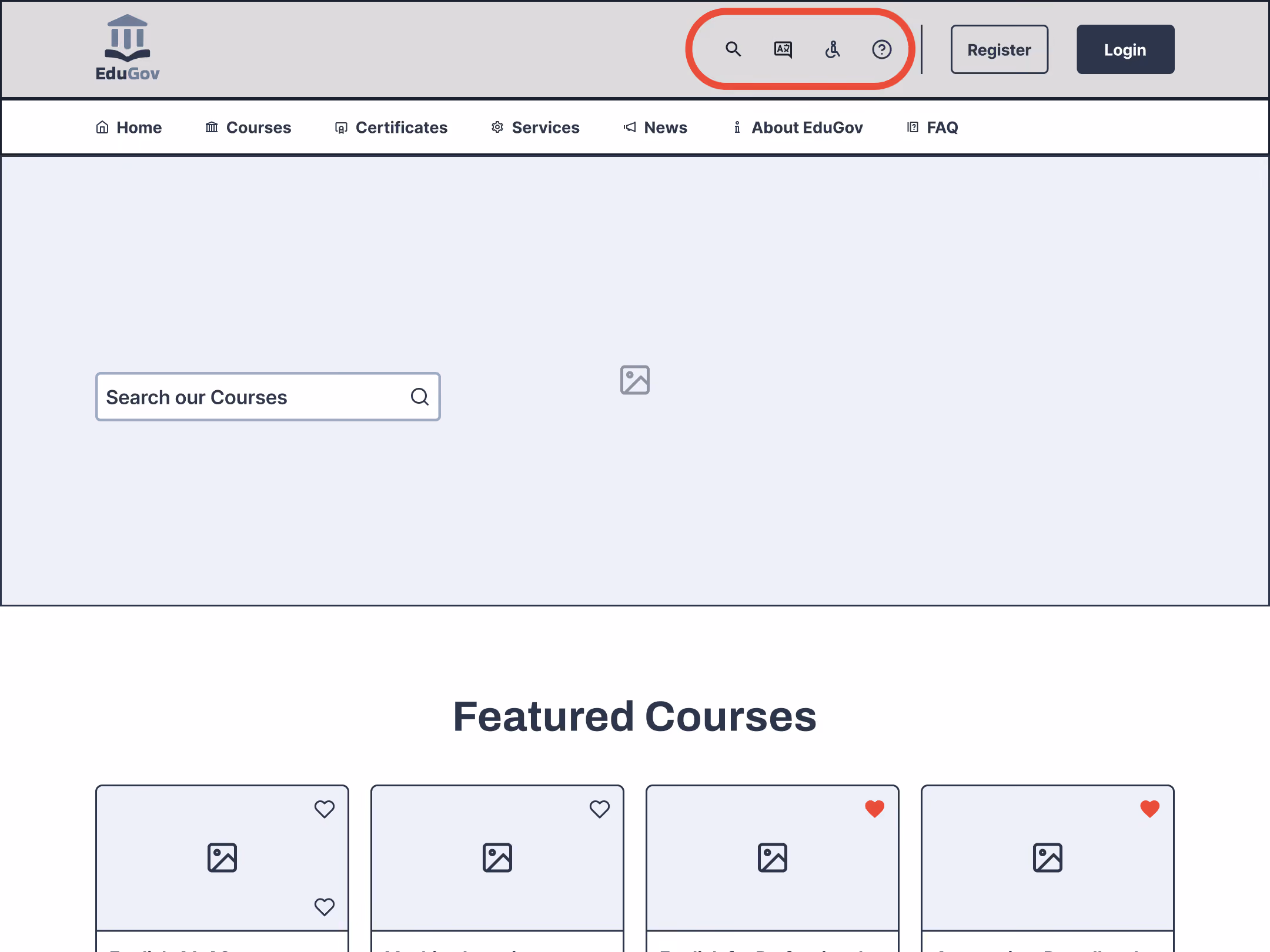 Wireframe of the navbar showing icon-only buttons with no text labels.
