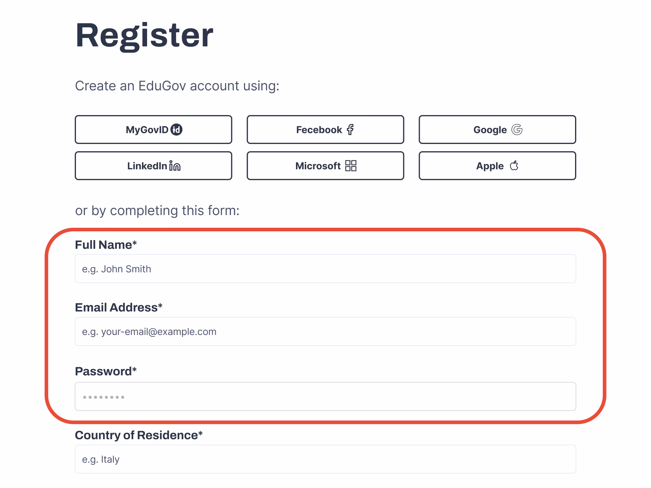 Wireframe of the registration form with a password field and no visible requirements.