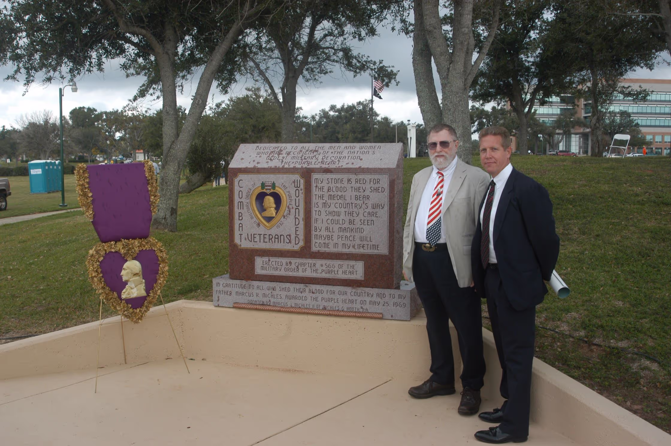 Senior Marcus Michles and Marcus Michles II at Purple Heart memorial