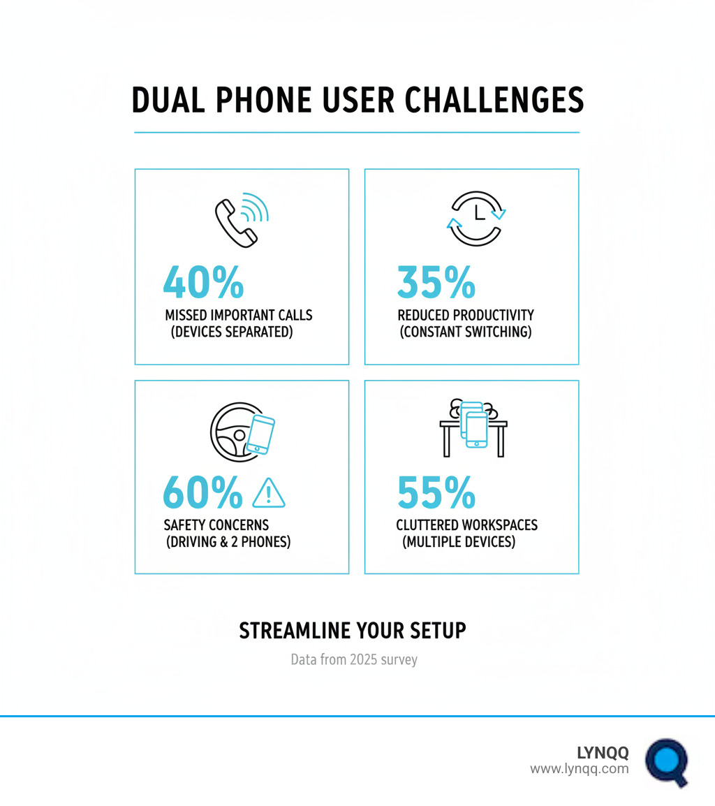 Infographic showing the daily challenges of dual phone users: 40% report missing important calls when devices are separated, 35% experience reduced productivity from constant device switching, 60% cite safety concerns when handling two phones while handling two phones while driving, and 55% struggle with cluttered workspaces from multiple devices - double cell phone holder infographic 