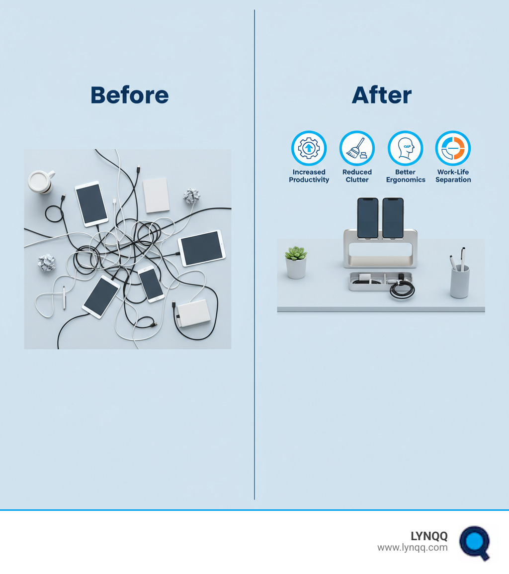 Infographic showing a cluttered desk with phones scattered and tangled cables on the left labeled 'Before' versus an organized desk on the right labeled 'After' with two phones mounted side-by-side in a dual phone desk mount, clear workspace below, and organized cables, with icons highlighting benefits: increased productivity, reduced clutter, better ergonomics, and work-life separation - multiple mobile holder infographic 