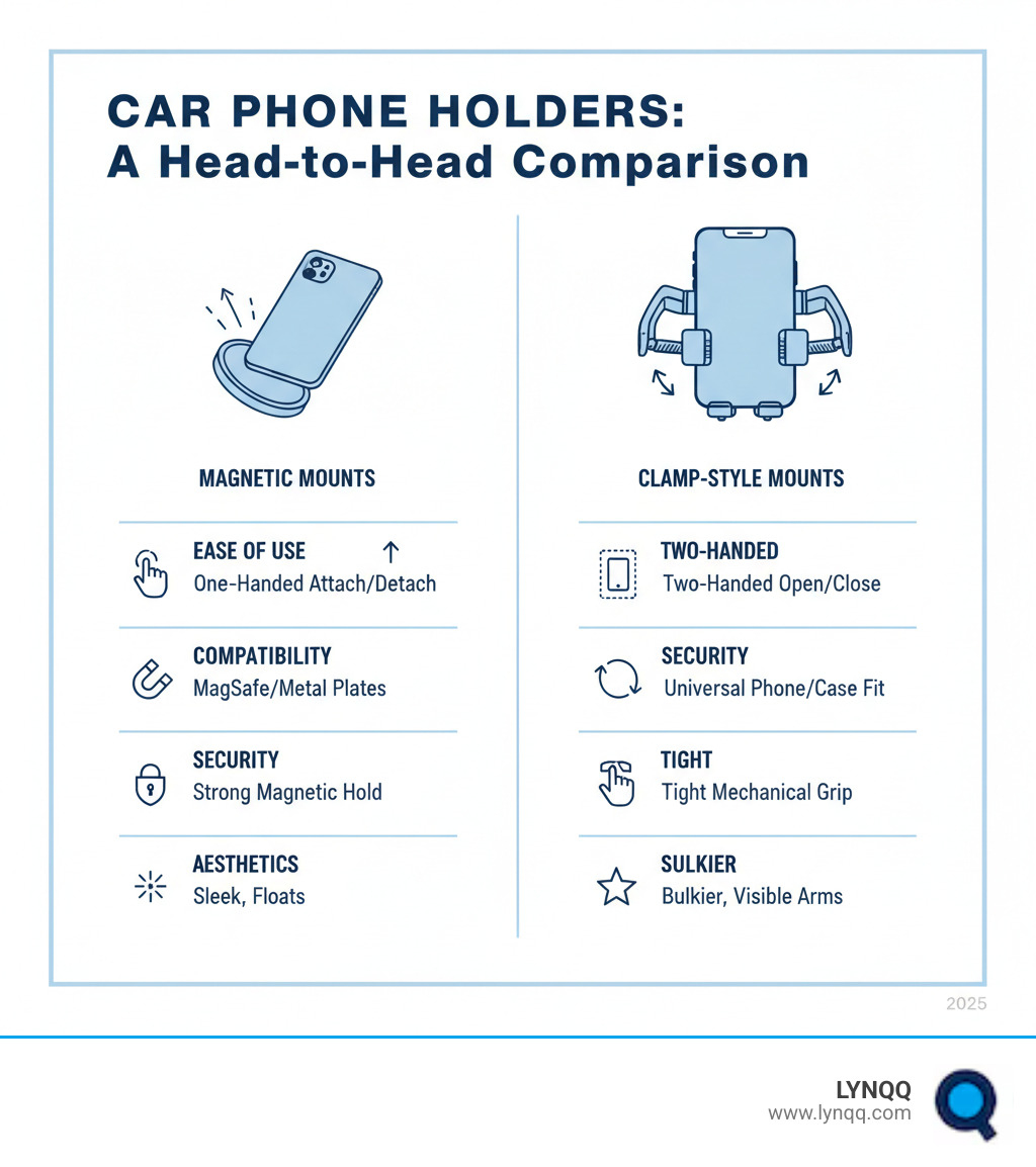 Table comparing Magnetic and Clamp-Style mounts on ease of use, phone/case compatibility, security, and aesthetics - innovative car phone holder infographic Table comparing Magnetic and Clamp-Style mounts on ease of use, phone/case compatibility, security, and aesthetics - innovative car phone holder infographic