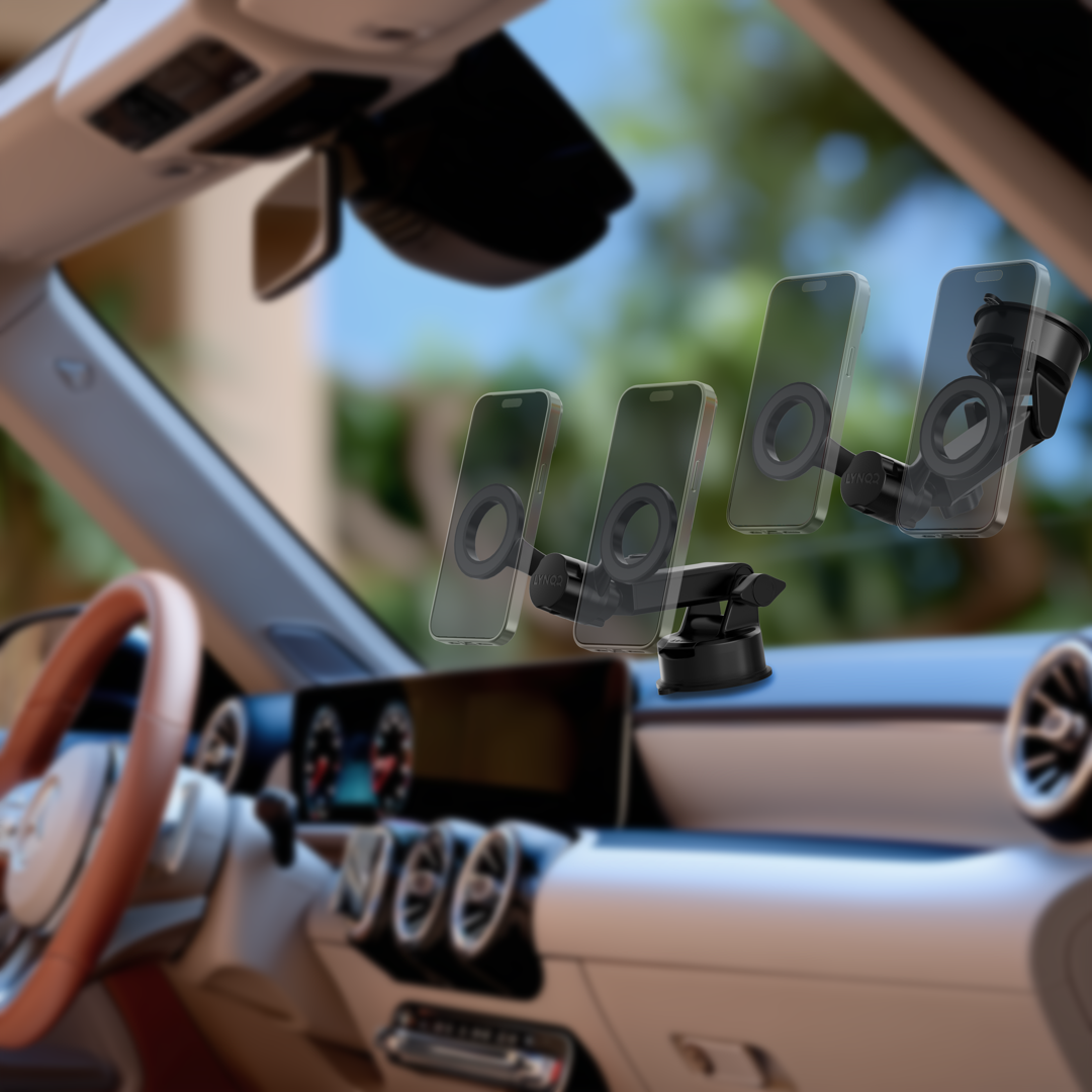 A sleek car dashboard mount, with a phone securely held, demonstrating its ability to rotate from portrait to landscape mode for versatile viewing angles - Space saving mount A sleek car dashboard mount, with a phone securely held, demonstrating its ability to rotate from portrait to landscape mode for versatile viewing angles - Space saving mount