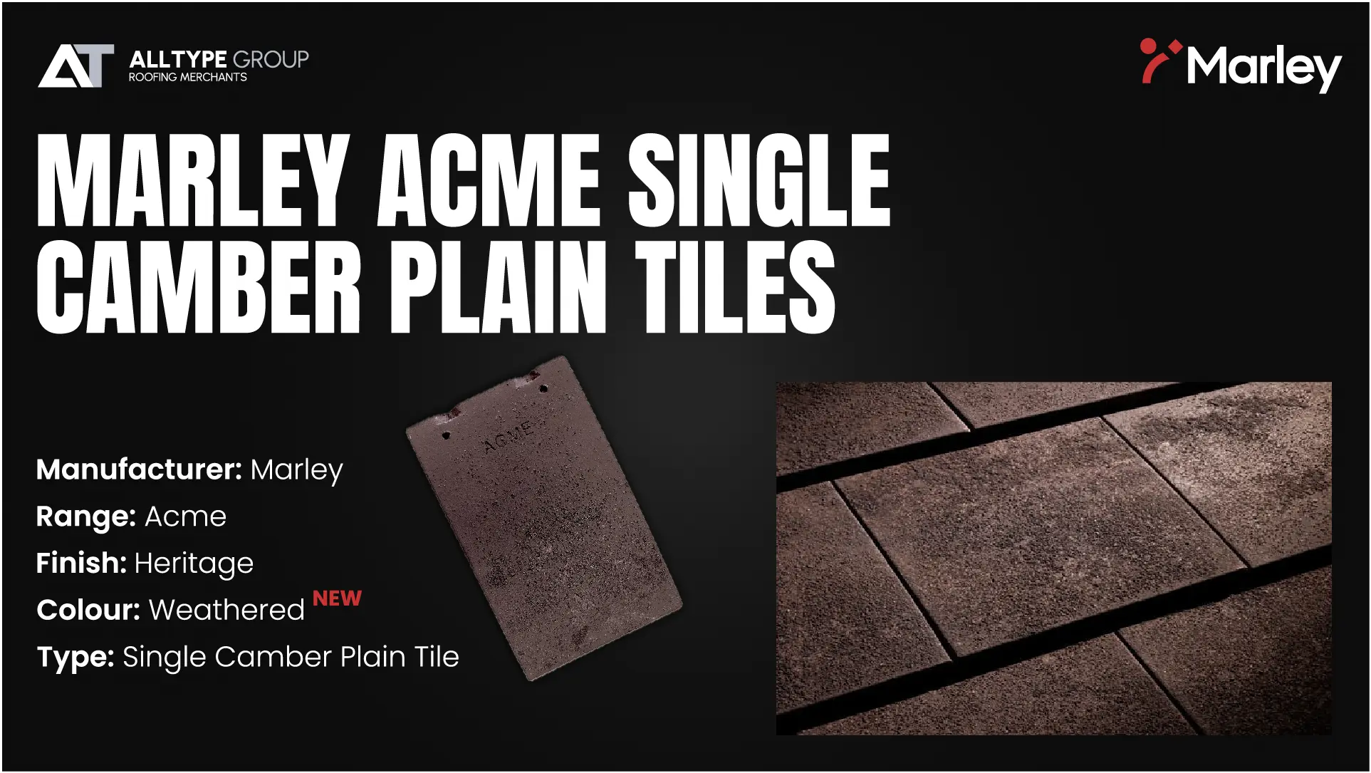 Marley Acme single camber plain tiles in weathered colour with heritage finish, shown as a single tile and installed on a roof.