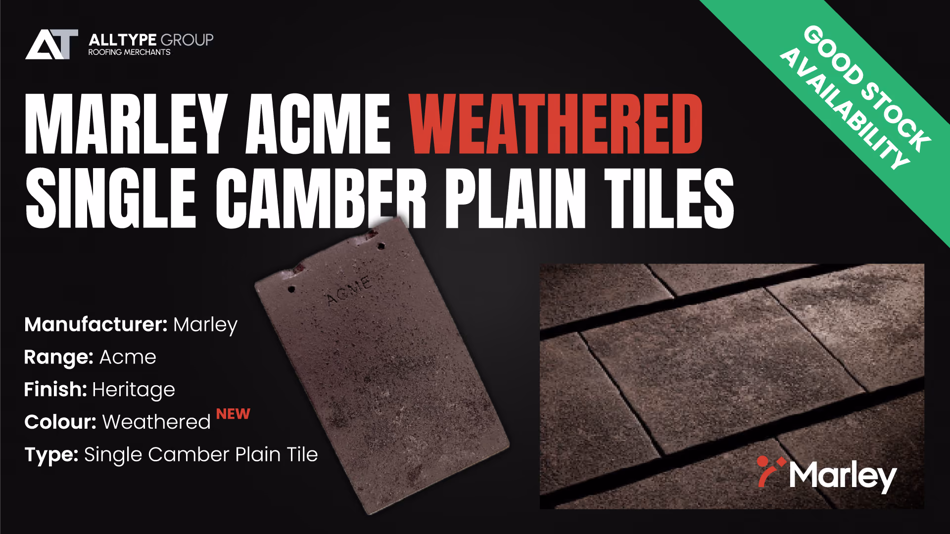 Marley Acme weathered single camber plain roof tiles shown individually and in an installed pattern.