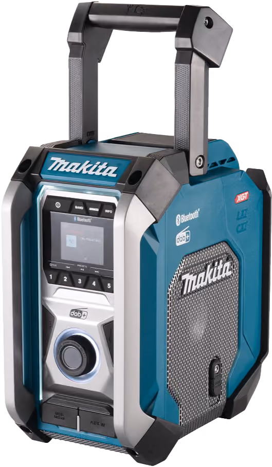 Makita portable job site radio with Bluetooth, DAB+ features, sturdy handle, and control panel display.