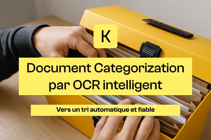 Gros plan sur des mains triant des dossiers dans une boîte de classement jaune. Un texte en surimpression indique : « Classification documentaire avec OCR intelligent – Vers un tri automatisé et fiable », accompagné d’un encadré jaune avec la lettre « K », représentant la solution Koncile de traitement intelligent de documents.