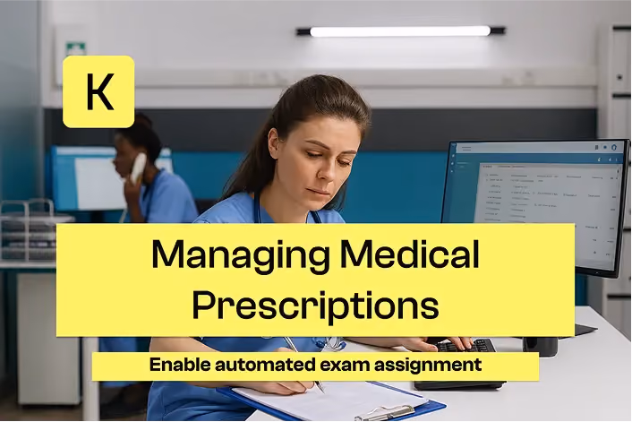 A woman in a medical office reviewing documents, with a computer by her side. Medical Prescription Management Automating Exam Coordination