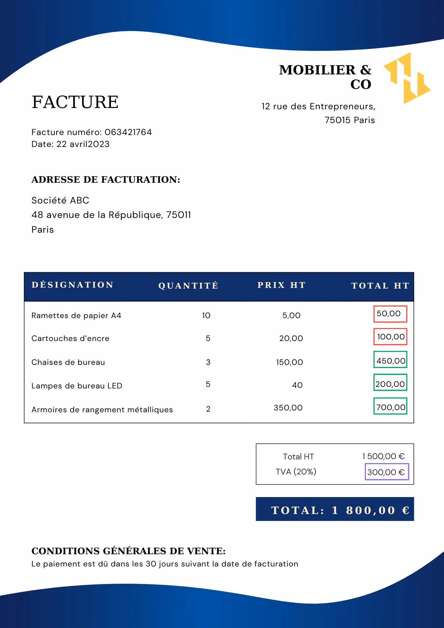 Exemple de facture Mobilier&Co