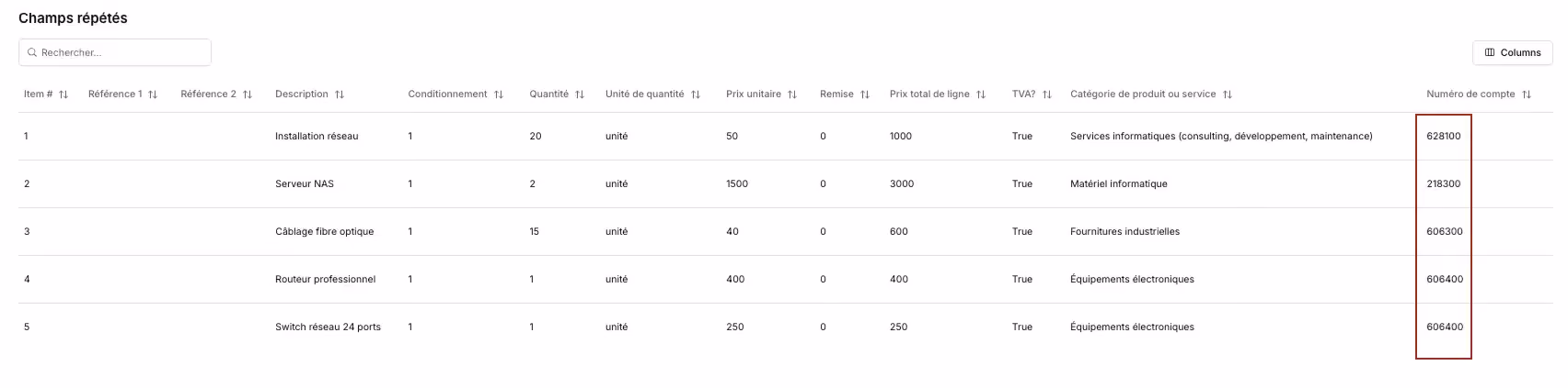 Interface app Koncile champs répétés