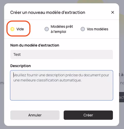Nom modèle OCR, création modèle vide, OCR IA Koncile, OCR entreprise, extraction personnalisée, traitement image PDF, OCR automatisé, OCR no-code, OCR sur mesure, API OCR. Image représentant l’interface de configuration d’un nouveau modèle OCR vierge dans Koncile.ai.