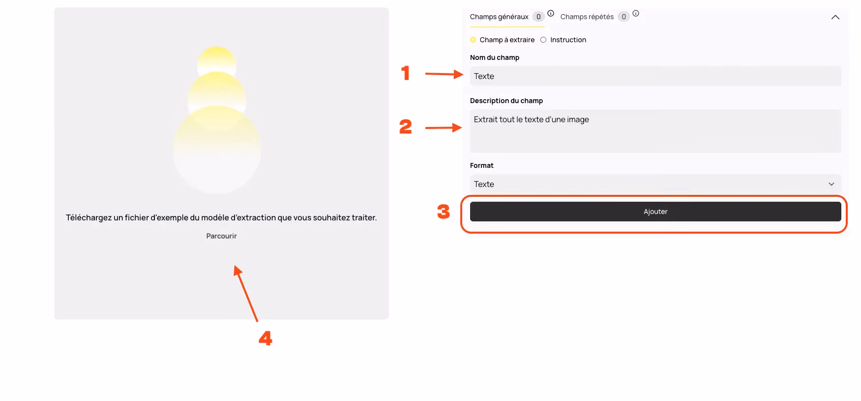 Nom de champ OCR, configuration OCR Koncile, champ personnalisé, extraction texte image, OCR documents, OCR LLM, outil OCR IA, OCR API, champ description OCR, automatisation OCR. Exemple de configuration d’un champ de données dans un modèle OCR Koncile pour extraire une zone spécifique de texte.
