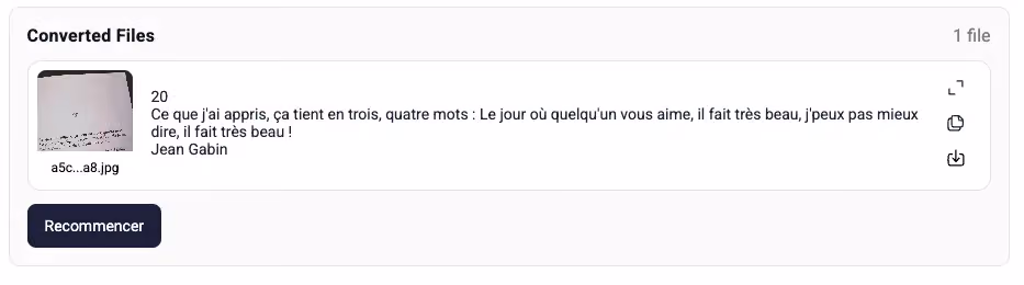 Téléchargement fichier texte, résultat OCR, extraction texte réussie, OCR image vers .txt, Imagetotext.io résultat, OCR en ligne efficace, OCR texte brut, outil OCR sans API, OCR instantané image, OCR gratuit en ligne. Image montrant le résultat final de l’extraction avec option de téléchargement du fichier texte brut.