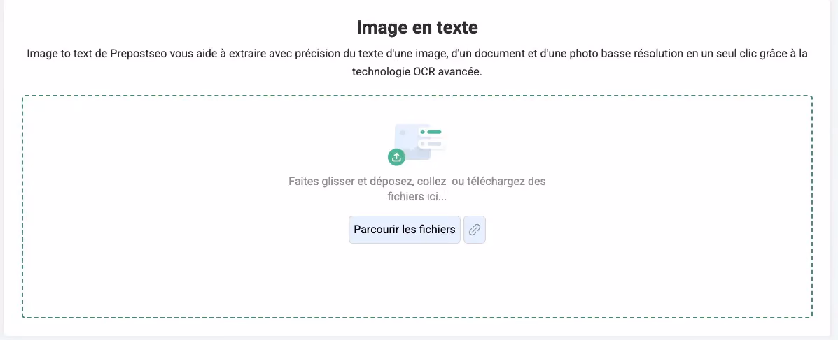 Prepostseo OCR, déposer fichier OCR, image texte OCR, outil en ligne, reconnaissance OCR gratuite, conversion image texte, fichier image floue, conversion image .doc, JPG OCR, solution OCR web. Capture montrant l’interface de Prepostseo au moment de l'import d’un document image pour conversion OCR.