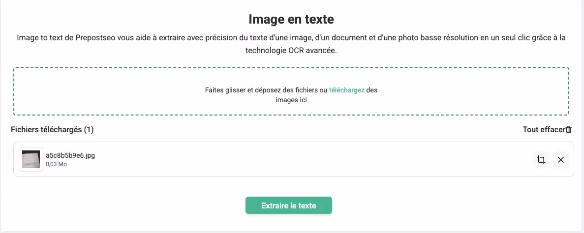 OCR image Prepostseo, bouton extraire texte, conversion image texte, OCR document flou, traitement OCR web, OCR multilingue image, reconnaissance optique Prepostseo, OCR rapide gratuit, conversion image document, fichier OCR automatique. Visuel illustrant l’action de lancer le traitement OCR après téléchargement de l’image.