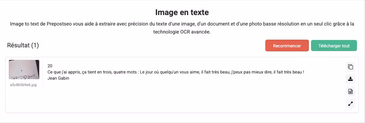 Télécharger texte OCR, Prepostseo OCR résultat, fichier .txt OCR, extraire texte image, conversion en .doc OCR, OCR pour entreprises, extraction données image, reconnaissance optique document, OCR sans code, résultat OCR image. Image de l’interface affichant le texte extrait et les options de téléchargement final (.txt ou .doc).