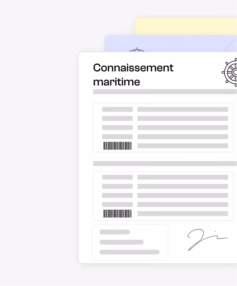 Scanner PDF en texte extrayant automatiquement les informations d'un connaissement maritime, telles que le numéro du connaissement maritime, le transporteur, la description des marchandises, le poids, la quantité, la date et le lieu de chargement.