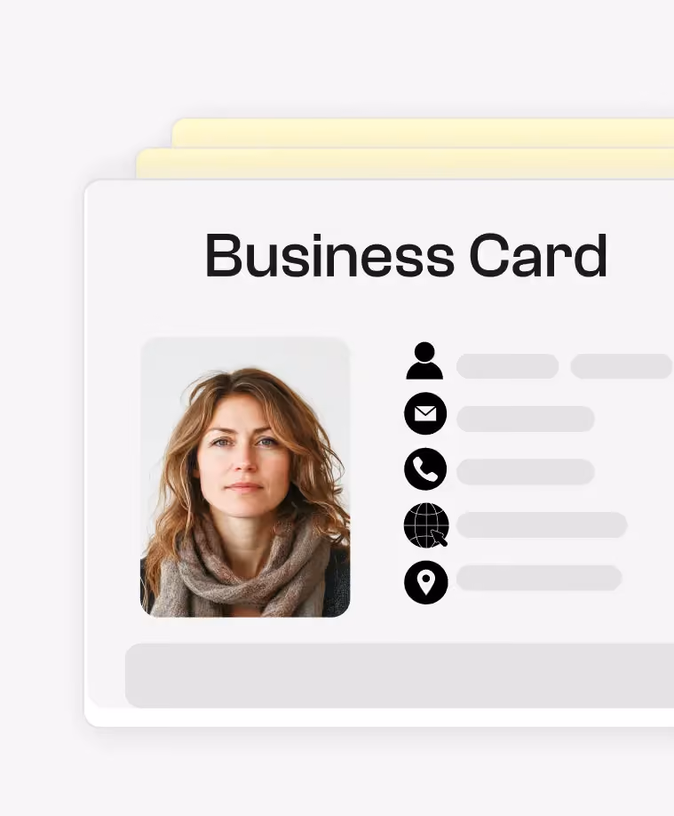 An image of a business card OCR extracting information such as name, position, company, phone, email, address, and social networks.