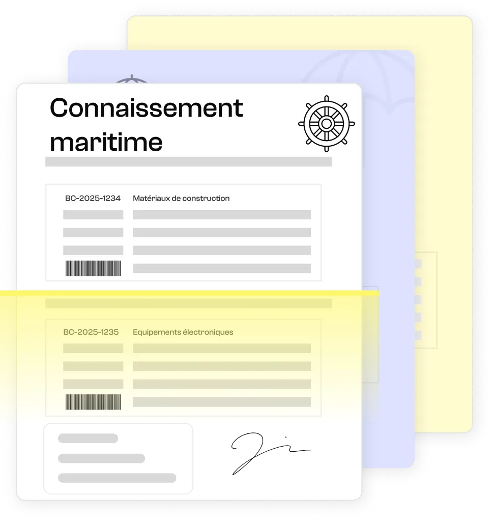 Scanner PDF en texte extrayant automatiquement les informations d'un connaissement maritime, telles que le numéro du connaissement maritime, le transporteur, la description des marchandises, le poids, la quantité, la date et le lieu de chargement.