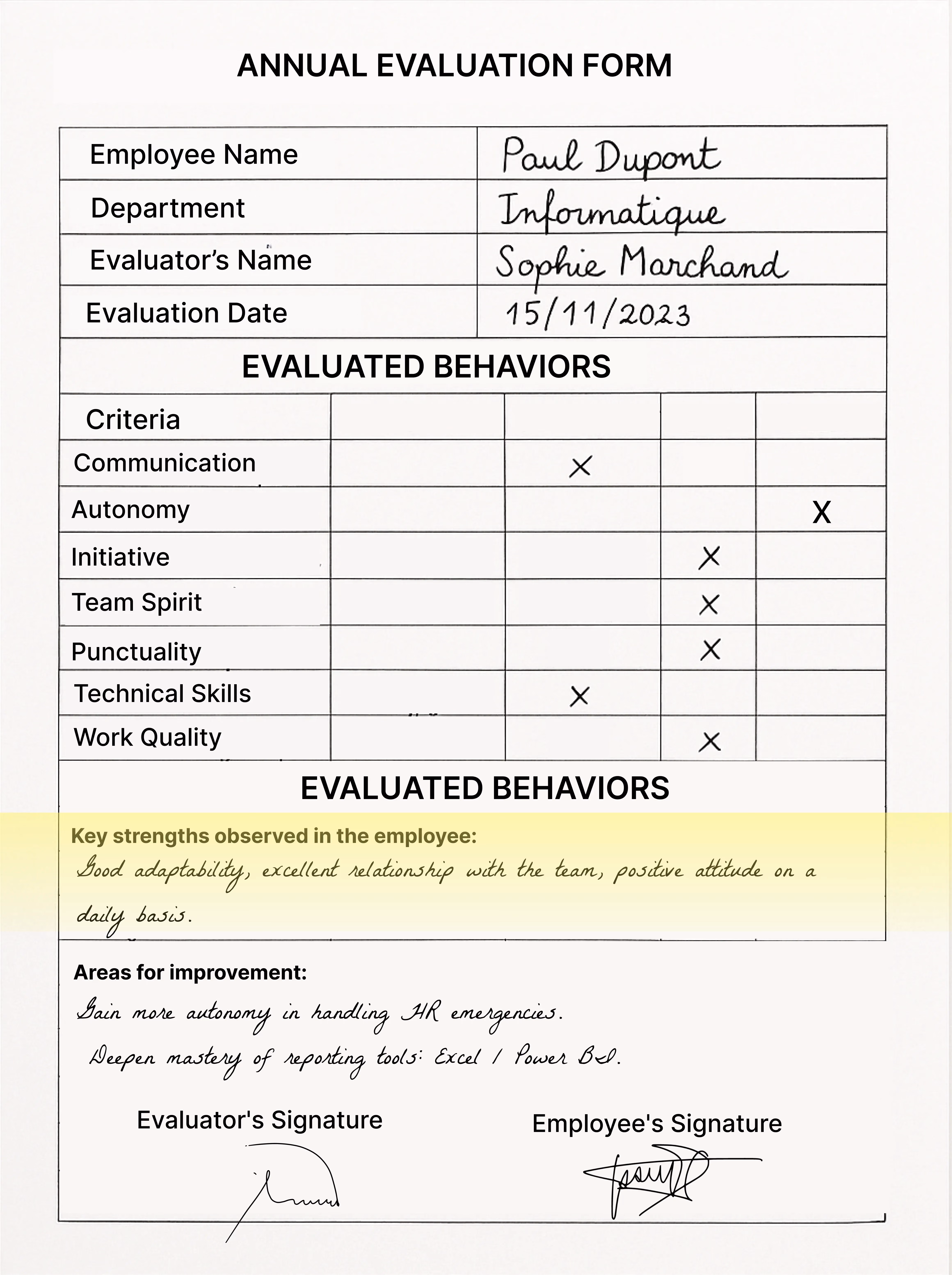 Extraction of the annual evaluation form