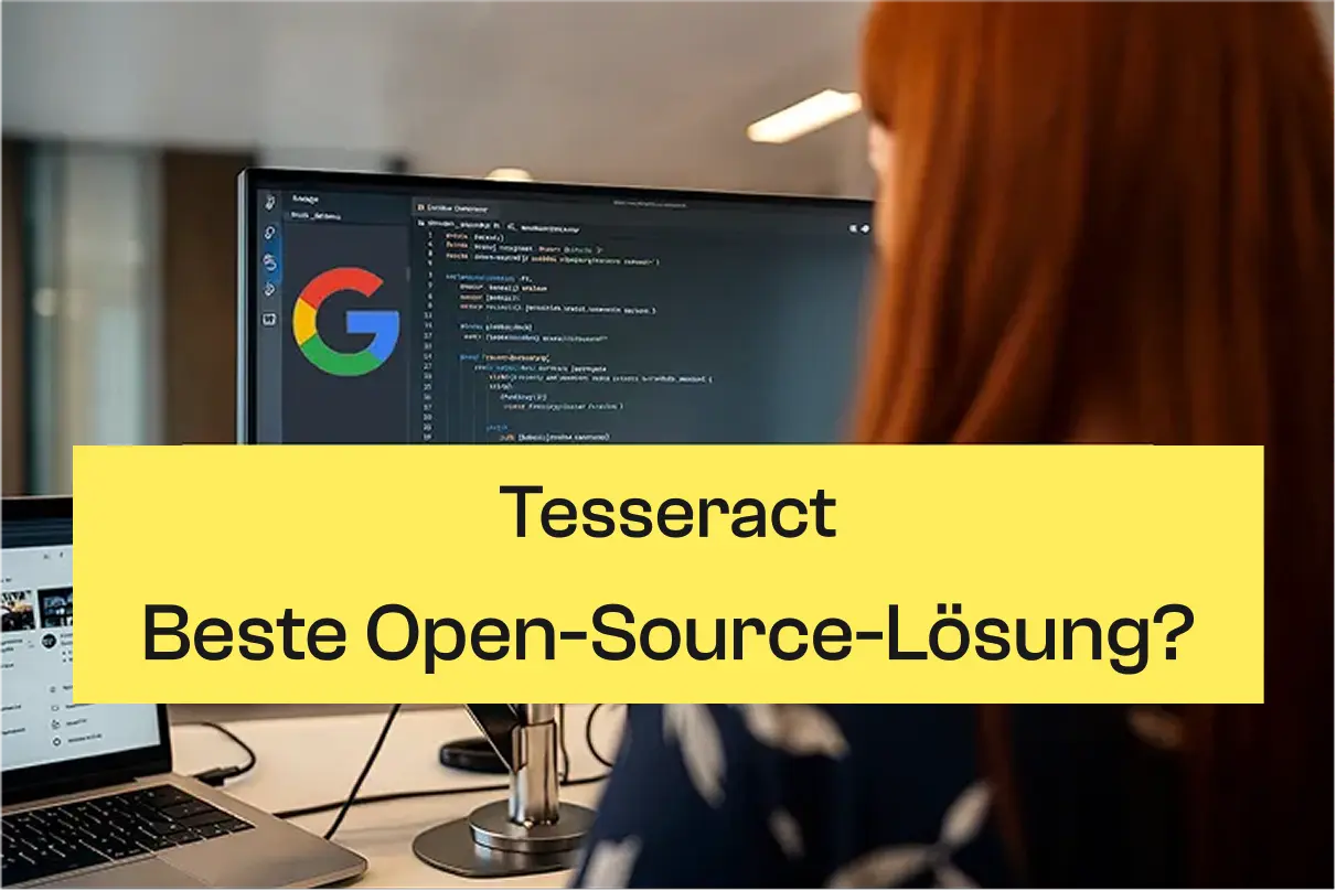 Bild auf Google Tesseract OCR 2025 mit der Frage „Beste Open-Source-Software? “ mit Dokumentsymbolen, einer Lupe und einem Computer, auf dem Code angezeigt wird.