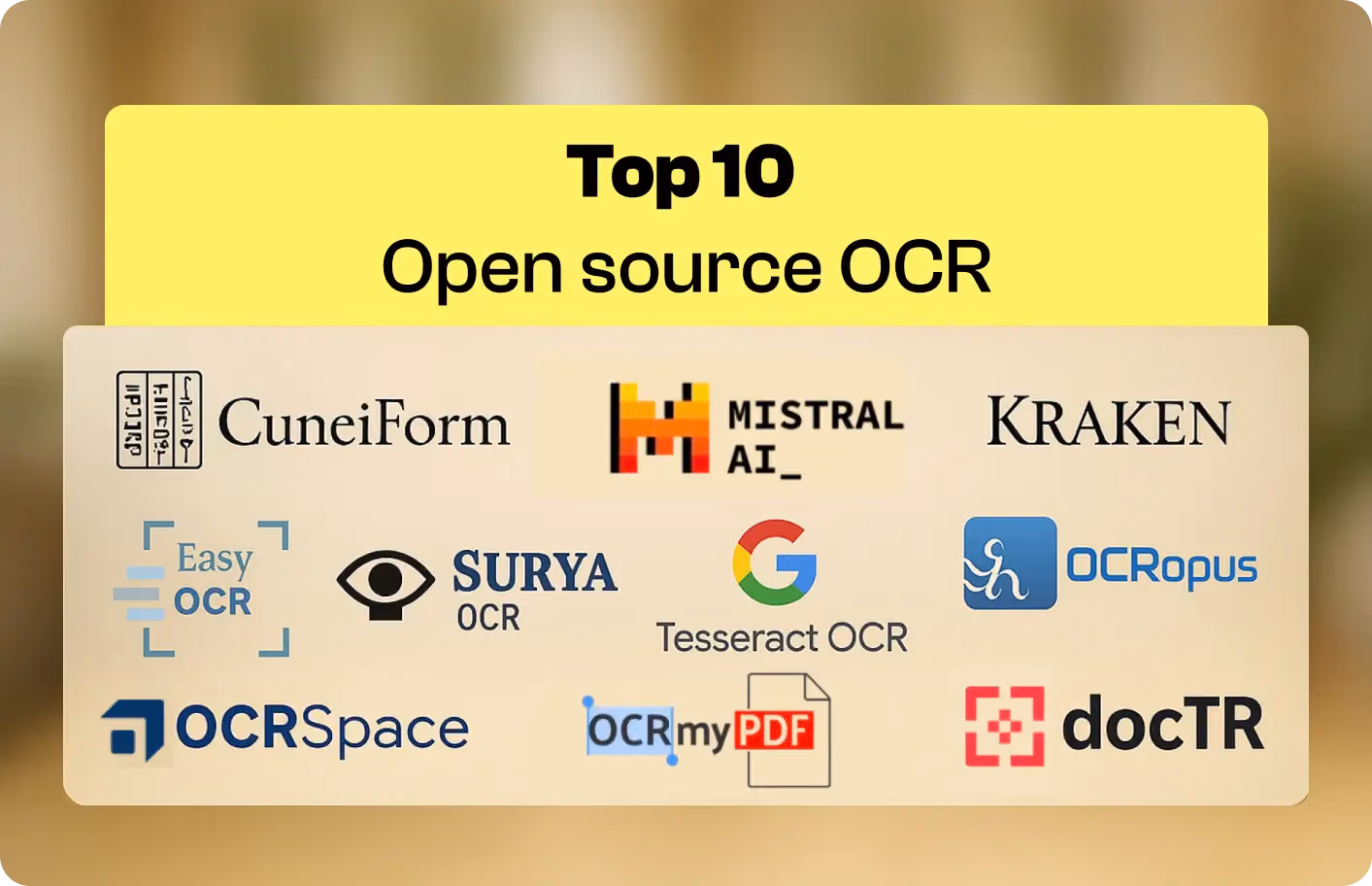 Image with the list of the 10 best open-source OCR tools with logos.