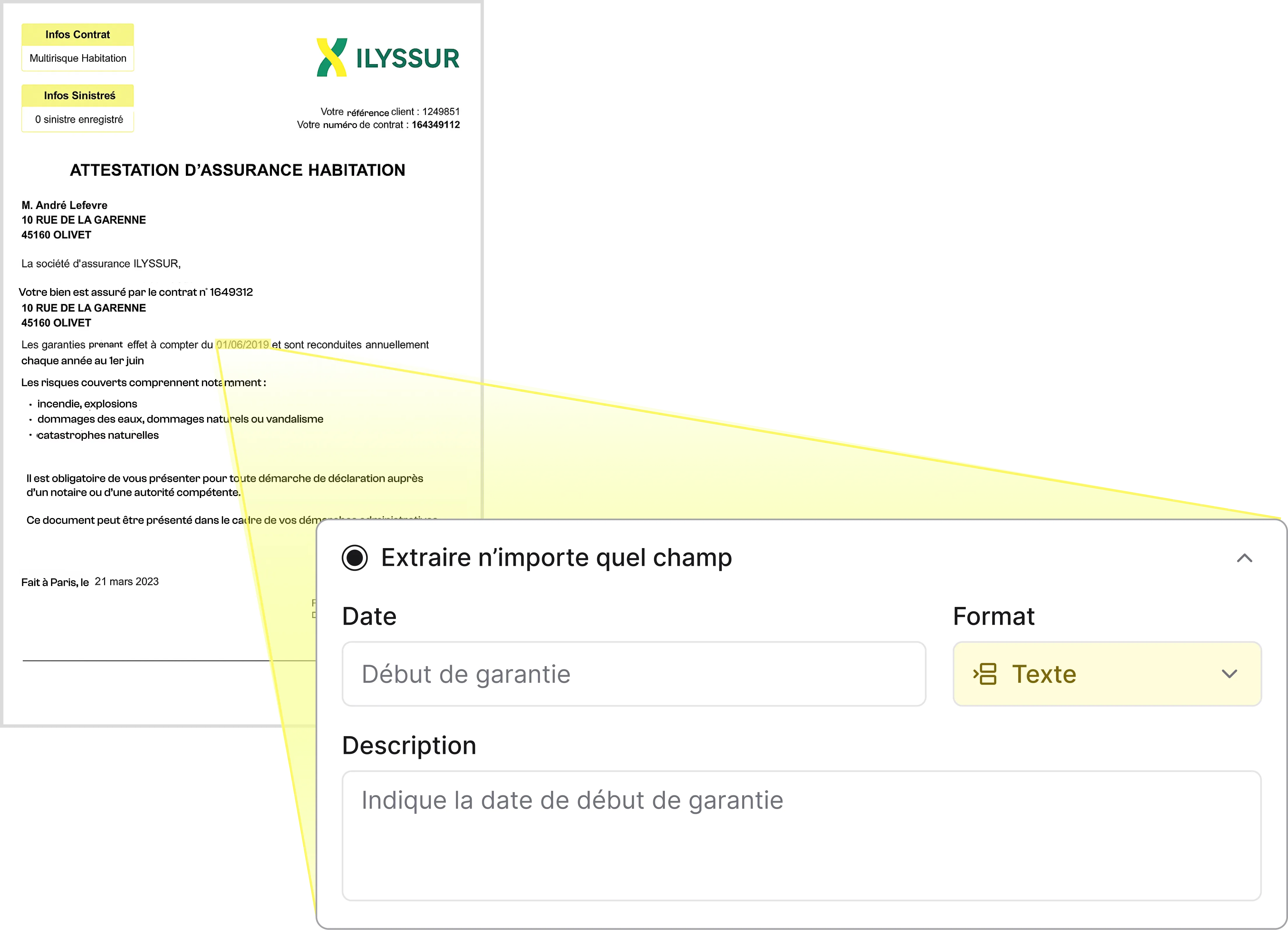 Extraktion von Versicherungspolicen – automatische Erfassung von Nummern, Beträgen und Gültigkeitsdaten.