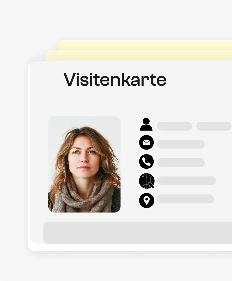 Ein Bild einer Visitenkarten-OCR, die Informationen wie Name, Position, Firma, Telefon, E-Mail, Adresse und soziale Netzwerke extrahiert.