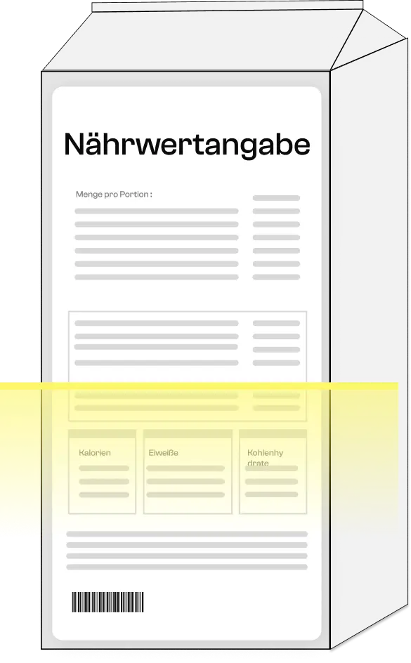 PDF-Scanner zu Text der automatisch Nährwertangaben extrahiert Transformieren Sie Ihre Dokumente in nutzbare Daten dank unserer intelligenten OCR-Engine. Extrahieren Sie automatisch die wichtigsten Nährwertangaben (Kalorien, Proteine, Fette, Kohlenhydrate, Allergene…) aus PDFs, Bildern oder Lebensmittel-Etiketten. Integrieren Sie diese Daten einfach in Ihre Systeme via API und SDK für eine optimierte Verwaltung der Nährwertinformationen.