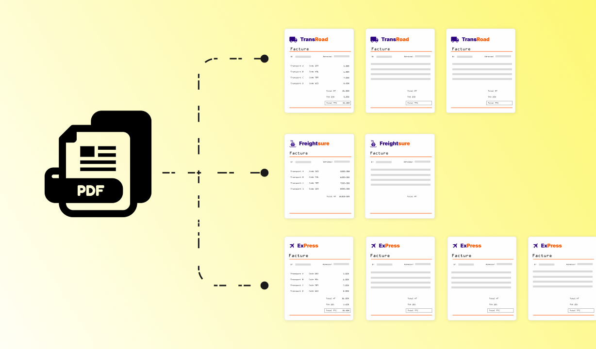 Mehrseitiges PDF – Trennung durch KI visualisiert, Dokumente werden einzeln exportiert.
