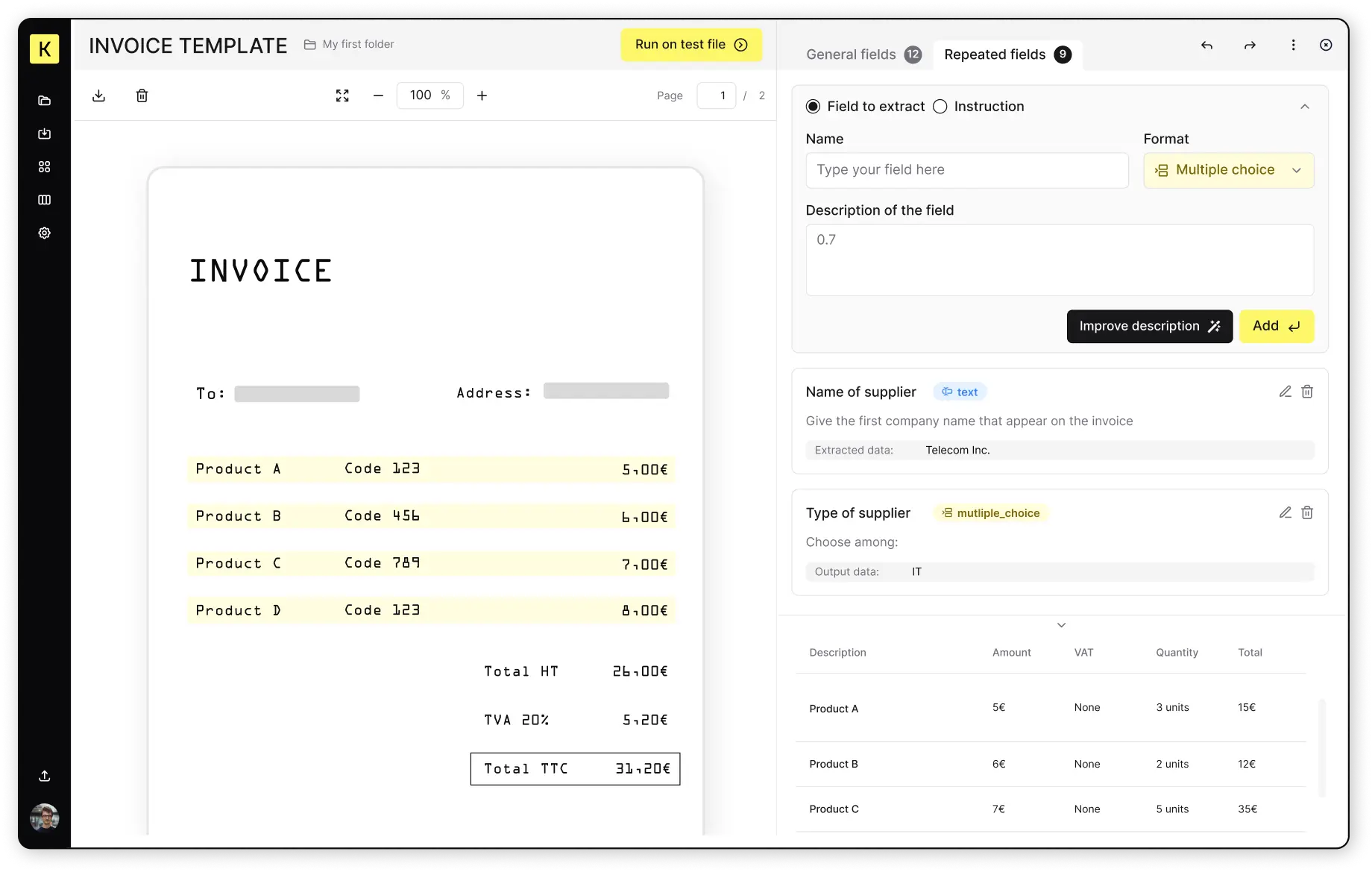 Screenshot of Koncile OCR Software