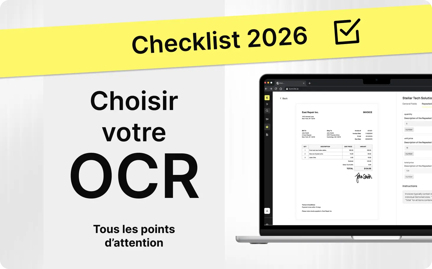 Ordinateur présentant l'application Koncile et texte "Choisir son OCR"