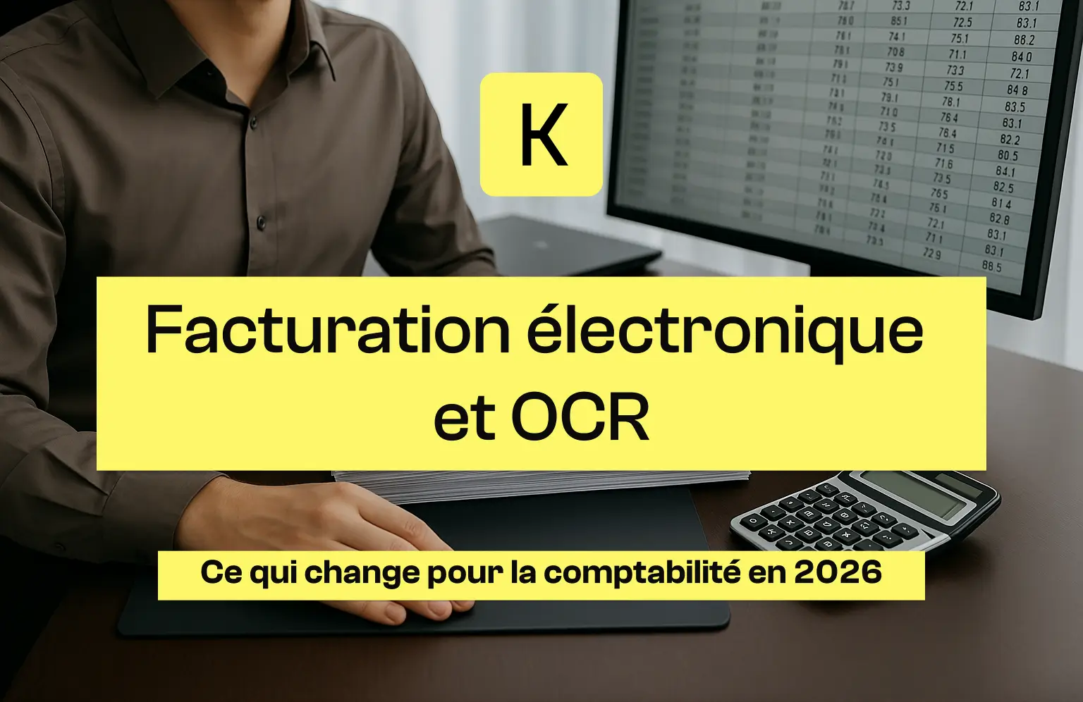 Homme devant son ordinateur avec une phrase inscrite : facturation électronique et ocr, ce qui change pour la comptabilité en 2026