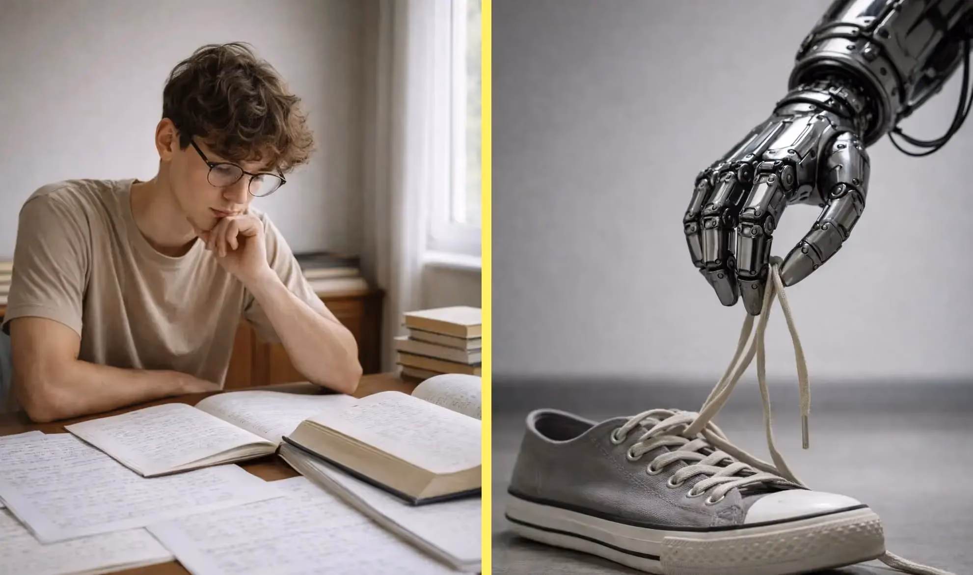 Visual comparison between a human struggling with abstract learning and an artificial intelligence unable to perform a simple physical everyday task.