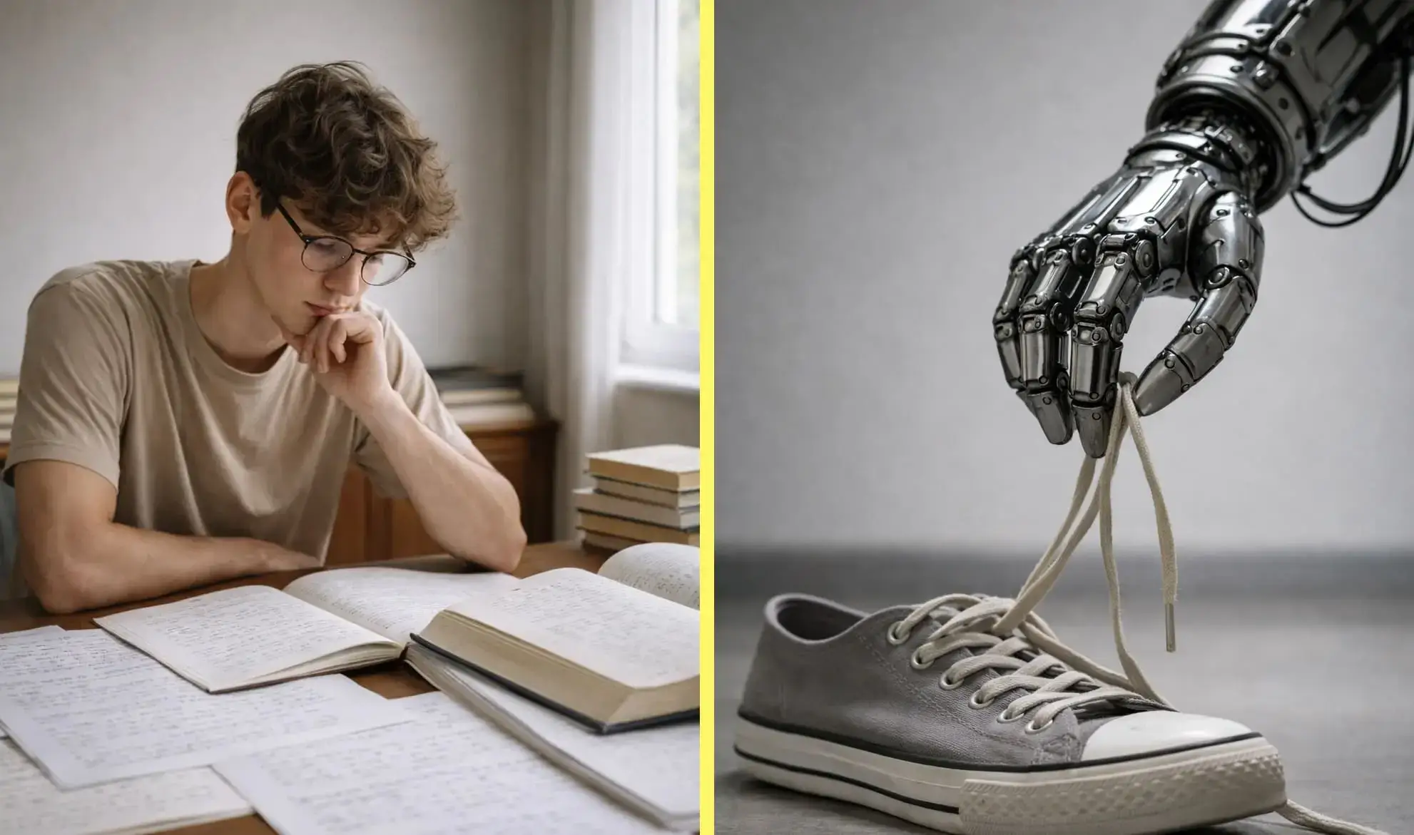 Visual comparison between a human struggling with abstract learning and an artificial intelligence unable to perform a simple physical everyday task.