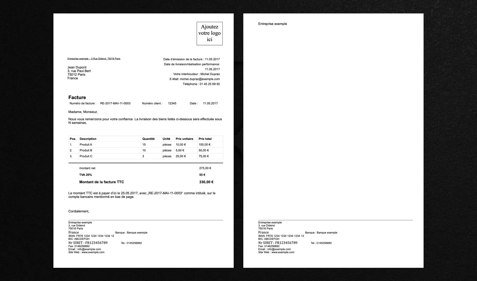 Scan de présentation du document de test pour chaque solution. Une seule facture assez simple.