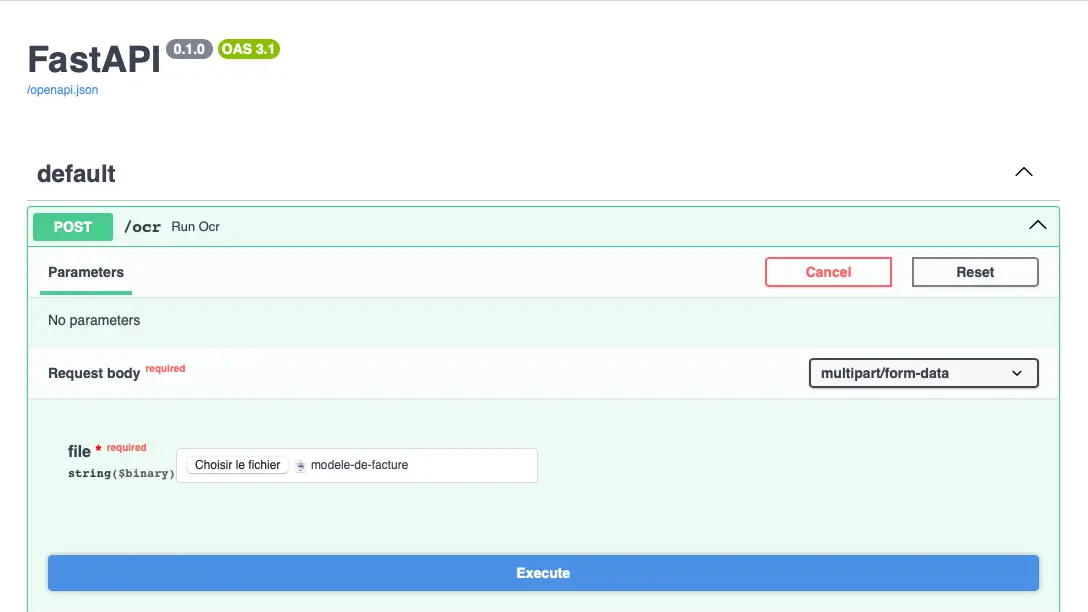 Capture d'écran de l'interface Fast API pour le test Doc TR